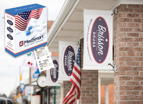 Brisson Pharmacy signage and MedSmart pouch packaging